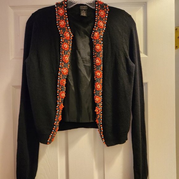 Lucky Brand Cardigan Black Cashmere Wool Angora Rabbit Hair Blend Beaded Med vtg - Picture 2 of 8